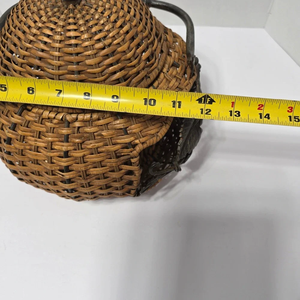 Rustic Woven Wicker Teapot Basket with Metal Leaf Vine Detail and Lid Brown